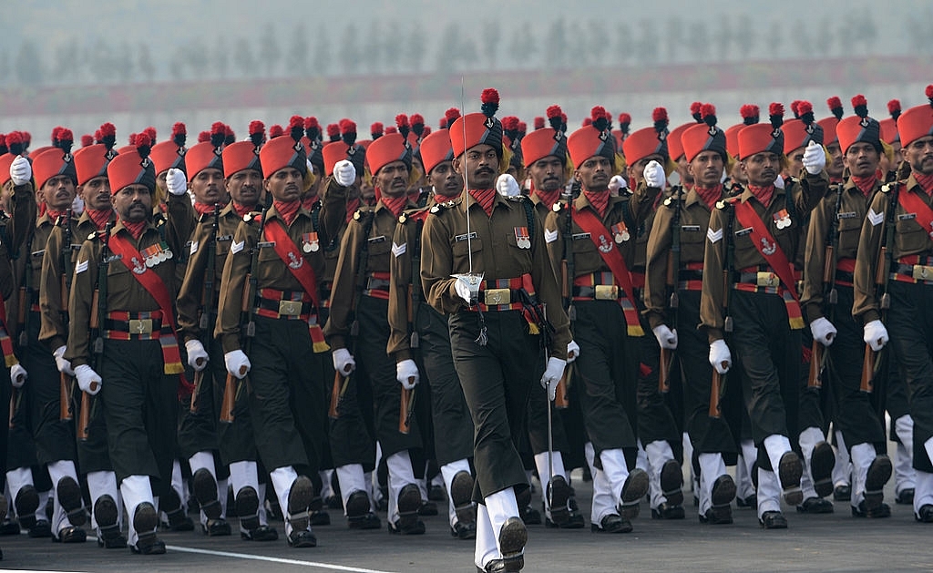 Indian Army soldiers march during the Army Day parade in New Delhi. (RAVEENDRAN/AFP/GettyImages)





